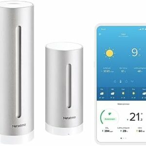 Netatmo Smarte Wetterstation mit Wandhalterung – WLAN, Funk, Innen- und Außensensor, Wettervorhersage, Hygrometer, Luftqualität, Kompatibel mit Amazon Alexa, Apple HomeKit und Google Home, NWS-AMZ