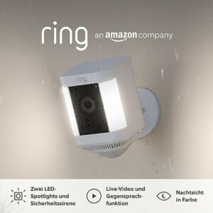 Ring Spotlight Kamera Plus Akku (Spotlight Cam Plus Battery)| Überwachungskamera aussen mit WLAN, HD-Video, LED-Flutlicht, Nachtsicht, Bewegungserfassung & Sirene | Alexa-kompatible Sicherheitskamera