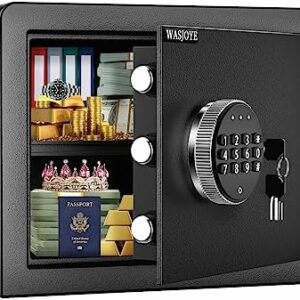 WASJOYE 16.9L Tresor Safe mit Zahlenschloss,Tresor mit Schlüssel Elektronischem Möbeltresor, Digital Geldkassette für Zuhause, Geschäft, Büro, Hotel, Geld, Dokumente, Schmuck, Reisepass (40*38*31cm)