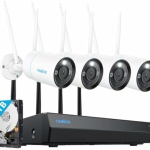 Reolink 4K WLAN Überwachungskamera Aussen Set, 4x8MP Wi-Fi 6 Kamera Überwachung Aussen Kabellos, 12CH WLAN NVR mit 2TB HDD, Farbnachtsicht, Personen/Fahrzeug/Tiererkennung, 2-Wege-Audio,RLK12-800WB4