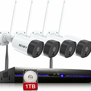 3MP WLAN Überwachungskamera Set Aussen mit Zwei-Wege-Audio, REIGY 4X 1296P Kabellose IP Kamera+8CH WiFi NVR, CCTV System Videoüberwachung mit IR Nachtsicht, Wasserfesten, Vorinstalliert 1TB HDD Weiß