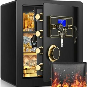 45L Safe Tresor für Zuhause Feuerfest mit Feuerfest Wasserdicht Geldtasche, Digitaler Möbeltresor mit Schlüssel, Zahlenschloss,Innenschrank, Regal, LEDLicht, Heimtresor für Geld Schmuck Dokumente
