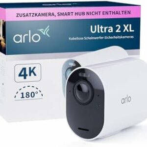 Arlo Ultra 2 XL Überwachungskamera Aussen WLAN, 12-Monate Akkulaufzeit, Kabellos, 4K UHD Qualitätsprodukt, 180°, Nachtsicht, Bewegungsmelder, Alarm Sirene, Zusatzkamera, SmartHub Benötigt,Weiß
