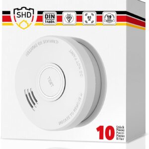 SHD Rauchmelder Set wechselbare Batterien (10x) – DIN EN14604 Geprüft & BSI-Zertifiziert, Brandmelder mit Stummschaltung & Selbsttest Funktion, Rauchmelder Magnethalter geeignet, Feuermelder DOF19