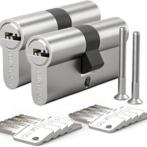 Bwintech 2 Stück 30/30mm Euro Messingzylinder, 60mm Schlüssel/Schlüsselzylinderschloss mit 10 horizontalen Messingschlüsseln,Anti Picking,Anti Bohr,Anti Snap,Anti Bumping, Satin Nickel Finish