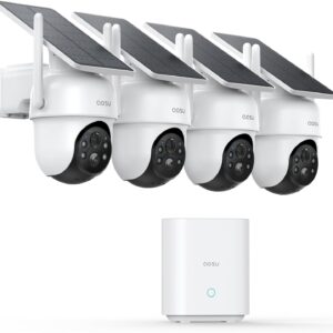 AOSU 2K Überwachungskamera Aussen Akku Solar, 4er Kameraset mit HomeBase, Keine Gebühren, 360° Panorama, WLAN Kamera 32GB Lokaler Speicher, Automatische Verfolgung, Farb-Nachtsicht, 2 Wege Audio