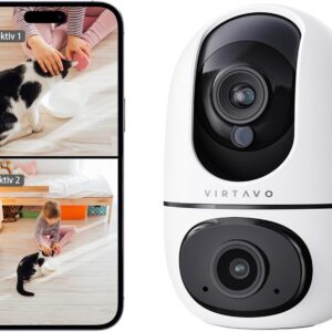 virtavo Dual-Lens-Überwachungskamera innen,1080p WiFi Video Kamera überwachung innen, 360° PTZ,WLAN Kamera FHD,2-Wege-Audio, Farbnachtsicht,Auto-Tracking Bewegungserkennung für Babys/Haustiere