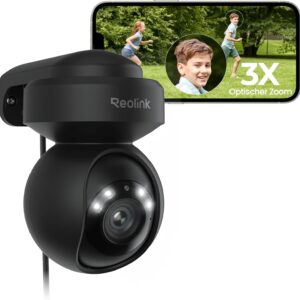 Reolink 5MP PTZ Überwachungskamera Aussen WLAN, 3X Optischer Zoom, 2,4/5GHz WLAN Kamera Outdoor mit Automatischer Verfolgung, Personen-/Fahrzeugerkennung, Vollfarb-Nachtsicht, E1 Outdoor Schwarz
