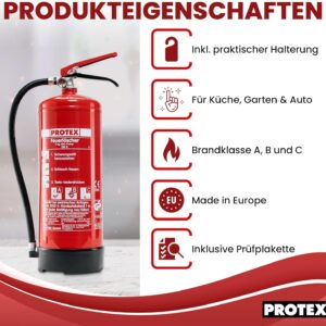 2 Pulver-Feuerlöscher – Protex PDE 6 Pulverfeuerlöscher – 6 kg – für die Brandklassen ABC – Zertifiziert nach DIN EN 3 und CE – je 9,5 kg – mit praktischer Halterung – mit Prüfplakette – Made in EU