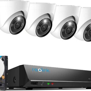 Reolink 12MP PoE Überwachungskamera Set Aussen, 8-Kanal NVR mit 2TB HDD für 24/7 Aufzeichnung und 4X Dome IP Kameras mit Personen-/Fahrzeugerkennung, 2-Wege-Audio, Spotlights, RLK8-1200D4-A