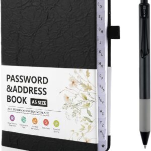 Deepton Passwort Buch, Passwortbuch mit Register A-Z, Notizbuch mit Register A5, Organizer für Websites, Benutzernamen und Passwörtern, Platz für 480 Passwörter, mit Gelstifte, Schwarz