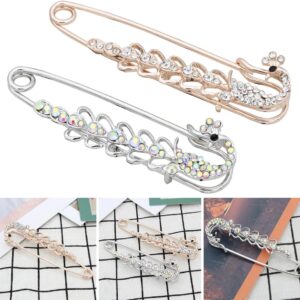 POFET 2 Stück Crystal Peacock Charm Sicherheitsnadel Brosche Clip Damen Schal Mantel Kleid Golden Silver