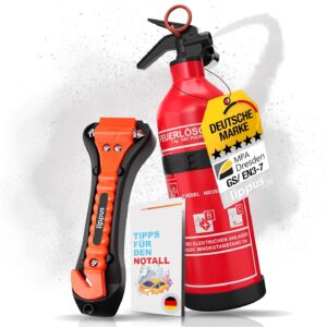 Feuerlöscher Auto 1kg + Nothammer Auto mit Gurtschneider [INKL. NOTFALLKARTE] – Strengste Qualitätssicherung – Notfallhammer, PKW Autofeuerlöscher, kfz, klein
