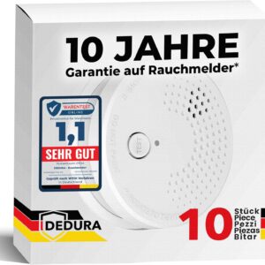 Rauchmelder 10er Set mit 10 Jahre Garantie BSI Zertifiziert nach DIN EN14604 inkl. 9V Batterie Rauchwarnmelder Brandmelder Feuermelder