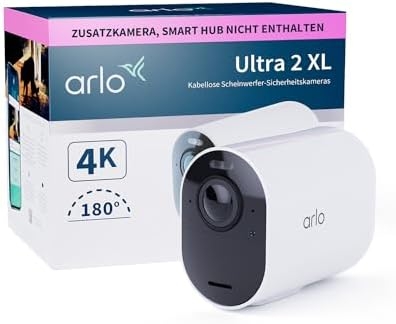 Arlo Ultra 2 XL Überwachungskamera Aussen WLAN, 12-Monate Akkulaufzeit, Kabellos, 4K UHD Qualitätsprodukt, 180°, Nachtsicht, Bewegungsmelder, Alarm Sirene, Zusatzkamera, SmartHub Benötigt,Weiß
